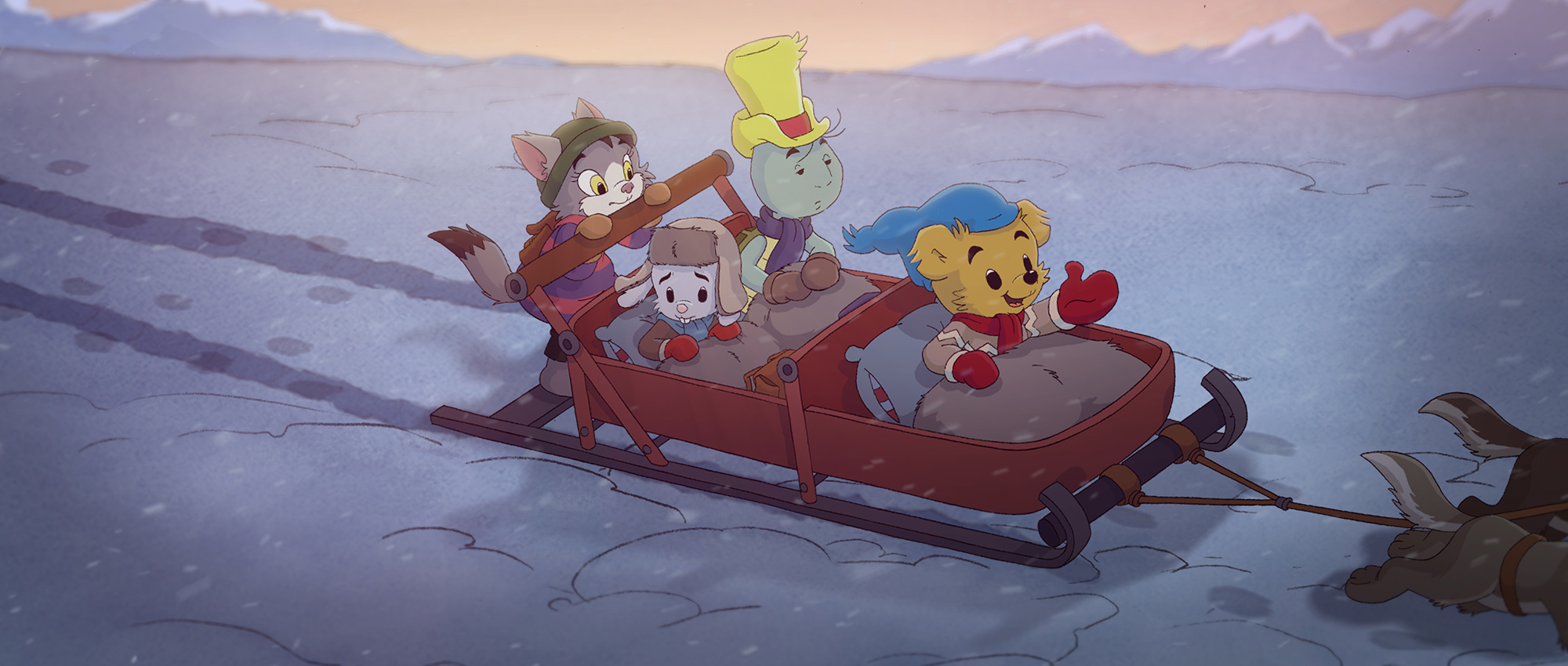Bamse, Skalman och Lille Skutt i en släde dragen av Alaskan Huskys